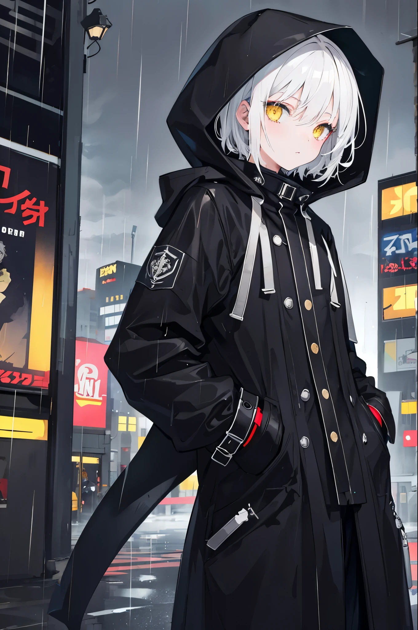 One Girl, City of night, rain, Black coat, Put your hands in your pockets, White Hair, Yellow Eyes, Wearing a black hood, (Dark look) short hair