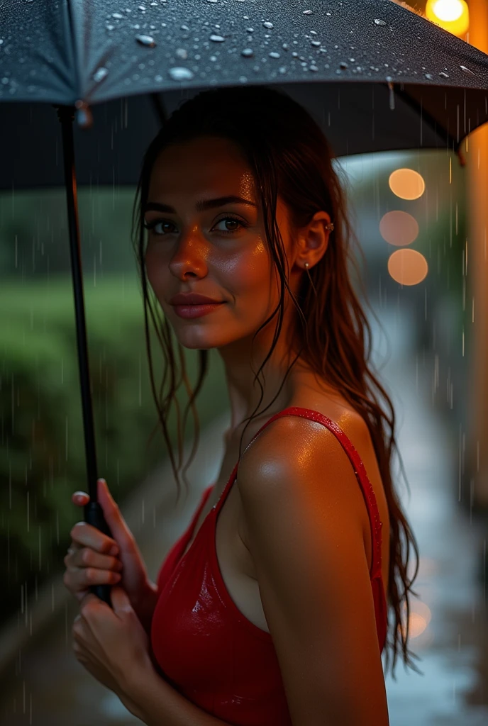 woman stands outside in the falling rain, shimmering skin, (she holds the handle of a canopy umbrella, it rests on her shoulder, finest luxury, color pattern: black and red), she's fully under big umbrella, reflecting light, (she's soaking wet from pouring rain, standing outside next to porchlight)), most beautiful woman on earth, (her hair is dripping wet, she glistens with porch light glow, radiant skin) , long wet hair, (her summer dress soaked), a stunning female , long hair, Her skin is wet, (her full body under black umbrella, she smiles, outside, (relaxed , happy and refreshed)), hyper-detailed wet dress, fabric, (rain drops visible in air, backlit), (highest quality fabric texture), lush wet drapery with accent highlights, film quality, rain drops in air, splashing behind , (ultra-realistic , rainy sky, atmosphere ,soft accent porch light, gorgeous Rembrandt style lighting, (Rembrandt patch)), (highest quality wet fabric texture), matte dress fabrics, Her wet slicked back, ultra-realistic, adorned with long lashes, the color of fireflies, a world of passion. Finely detailed,(Fine-grained), (highest detail skin texture peach-fuzz earlobe realistic, water droplets) ○○ res – ultra high high resolution , very high texture res(light water resolution), Photorealistic hands and fingers – (photorealistic beautiful 4k) , 8K,extreme detail, close and intimate, she looks to camera, teasing, Her perfectly sculpted lips, lifelike, highly real natural lips. she is Italian, Vermeer, a work of art, enticing. indulge in the exploration of desire.solo woman, (highest quality fabric texture), light hair, every detail,Fine facial features, Masterpiece – Masterpiece ○○ quality – (Highest Quality) ,Leica film, High quality ○○ detailed – ○○ details ultra detailed(Ultra-fine ), Photorealistic, Extremely detailed(Extremely detailed) , Finely detailed, (highest detail water drops realistic) etc ○○ res – ○○ resolution ultra high res(A high resolution) , very high texture
