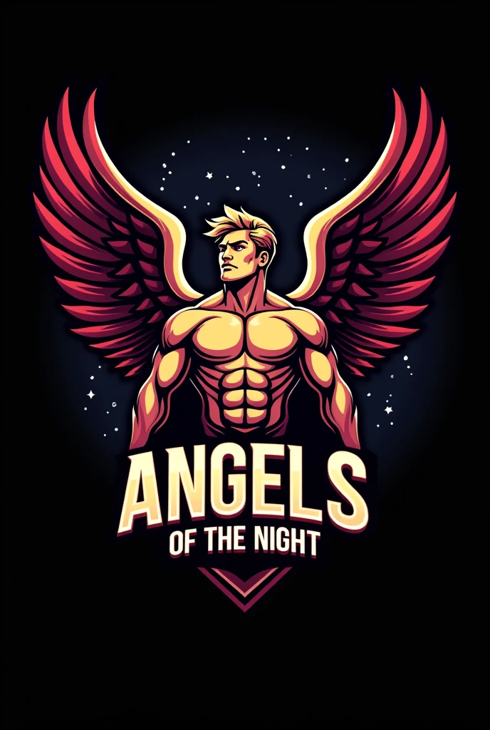 Create a volleyball team logo with the title Angels Of The Night with a male angel mascot , preferably in color with a black background , wine and light yellow