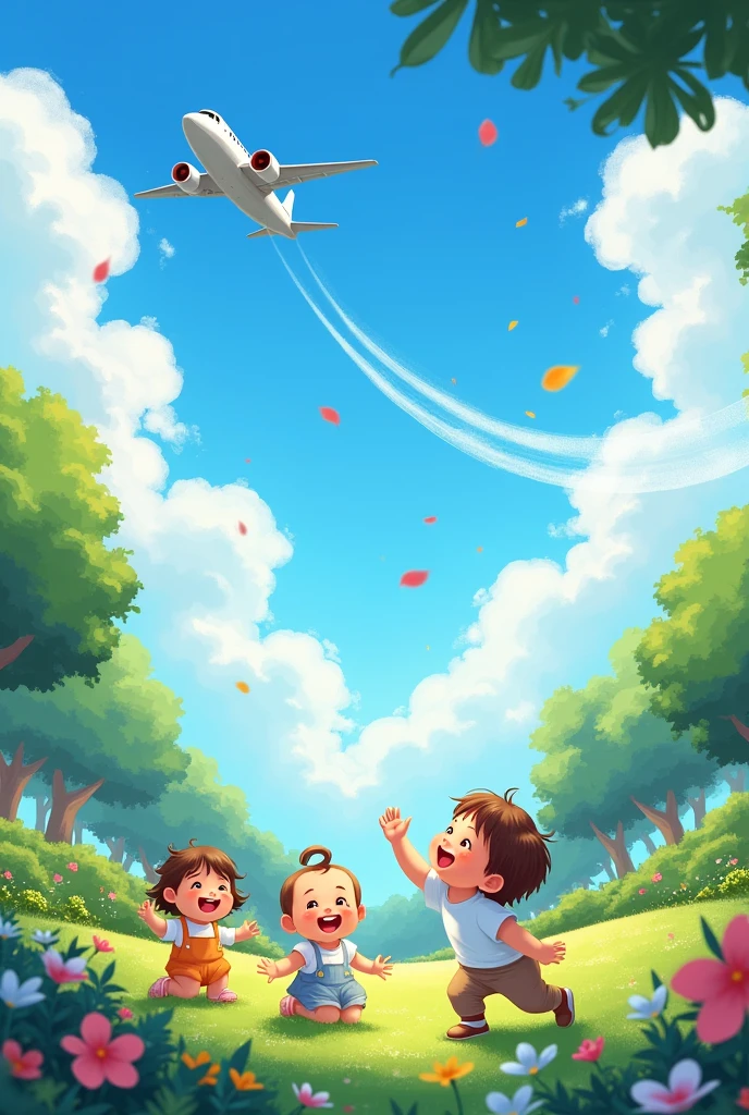 garden playing babies  sky and airplane 