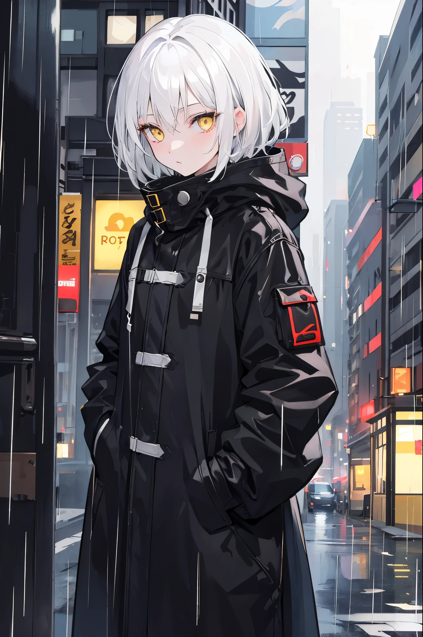 One Girl, City of night, rain, Black coat, Put your hands in your pockets, White Hair, Yellow Eyes, Wearing a black hood, (Dark look) short hair