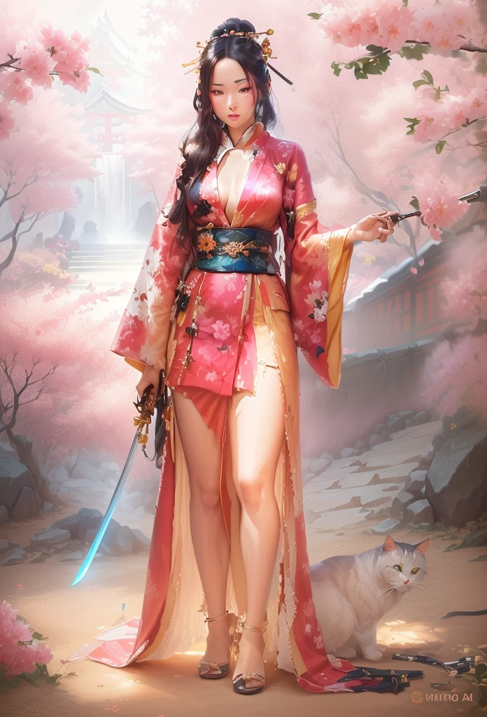 arafed woman, pretty lady MoonLay, in a kimono outfit with a sword and a cat, 🌺 cgsociety, japanese goddess, inspired by Cynthia Sheppard, inspired by Torii Kiyonobu I, full body cgsociety, highly detailed kimono, a beautiful fantasy empress, very beautiful cyberpunk samurai, beautiful alluring anime woman, dawn cgsociety, glamorous and sexy geisha