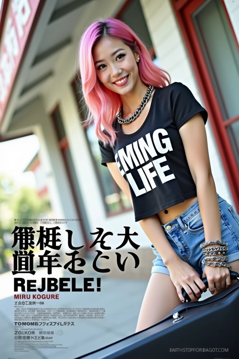 ((((Woman's ridiculously large breasts change, slender curves, big , big breasts, big , super beautiful woman, whip-smacking body)))), adult video poster layout, text on screen: "BAND GIRL Shocking AV debut!! ★ MIRU KOGURE ",(((Japanese woman with large black guitar case)))), 26 year old adult woman wearing black crew neck top with large English letters on her chest and short blue jeans posing for a photo shoot, big breasted female porn actor, dynamic pose, rock music magazine model pose,. Japanese female fashion model, (((very bright pink hair))), happy expression, thick chain accessories on neck and arms, (((in front of Asakusa strip theater))), pure beautiful smile, intelligent face, slender curves, large breasts, wearing black t-shirt, small leather jacket Wearing black T-shirt, very small leather jacket, denim shorts, (((extreme low angle))), null, Bill, holding black guitar case with guitar strap, (((DVD mark, Blu-ray mark))).
