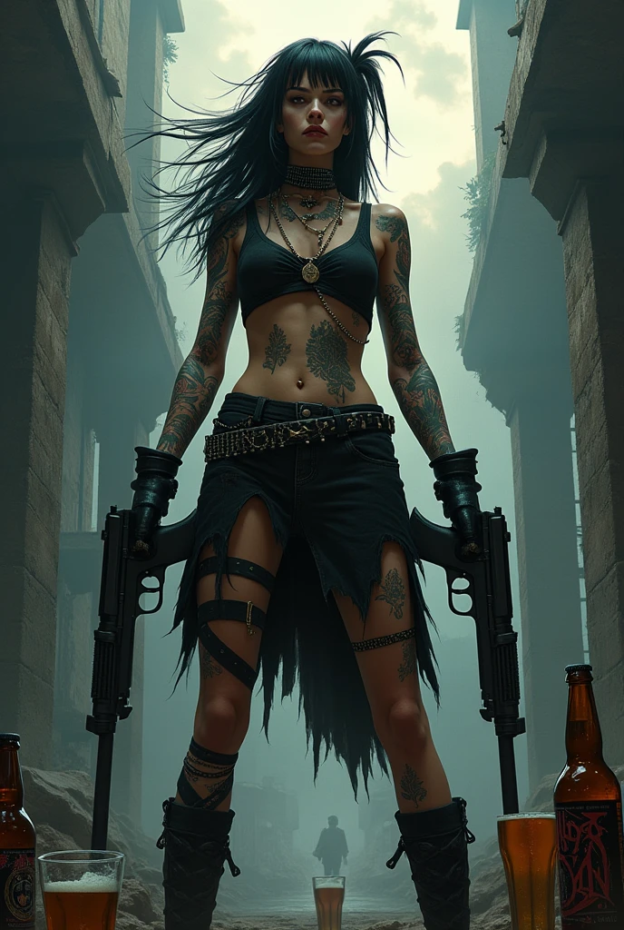 Punk woman, beers and guns, black metal band album