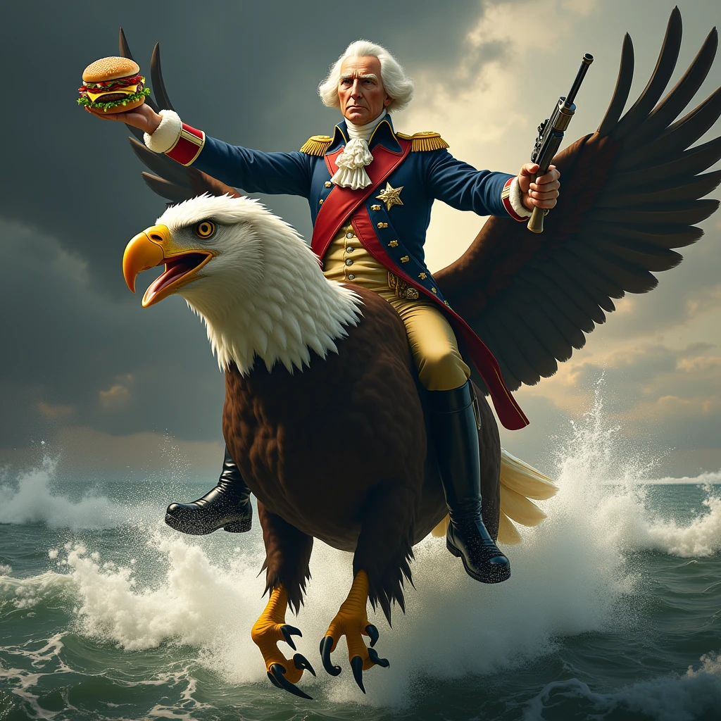 George Washington crossing on the Delaware while riding a bald eagle while holding a burger and a gun