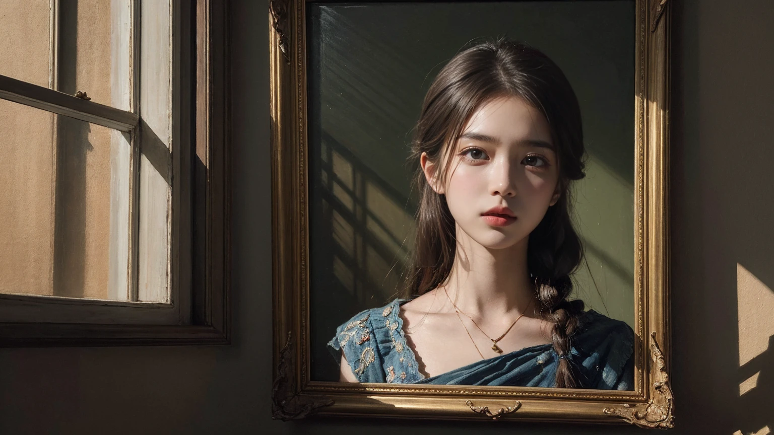 Realistic oil painting of a woman, Inspired by the work of Russian artist Ilya Repin, Intricate details and the use of light and shadow to create depth and emotion., Long-range photography with a blurred background to draw attention to the subject., Traditional techniques used in a modern style