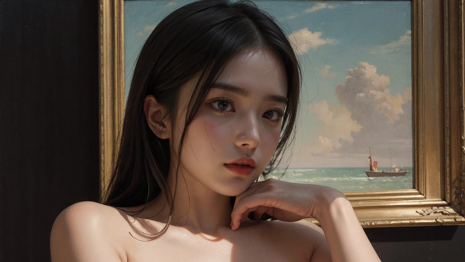 Realistic oil painting of a woman, Inspired by the work of Russian artist Ilya Repin, Intricate details and the use of light and shadow to create depth and emotion., Long-range photography with a blurred background to draw attention to the subject., Traditional techniques used in a modern style