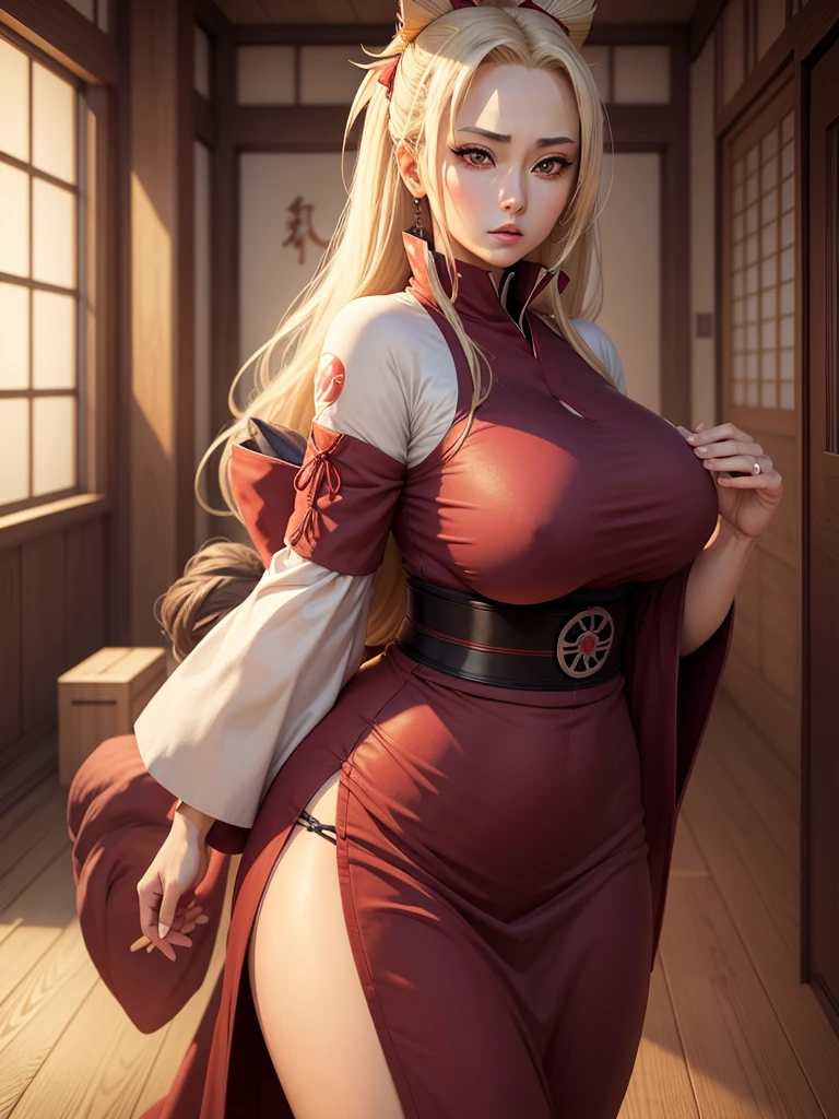 senju_tsunade, huge_breasts, japanese_clothes, masterpiece, best quality, detailed face, detailed eyes, highres,
