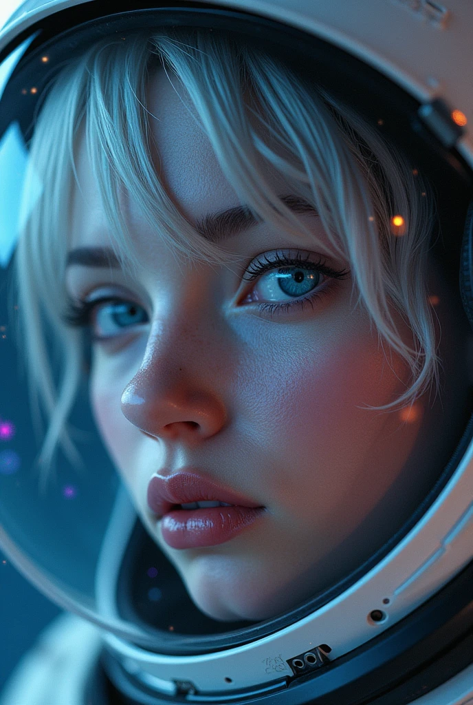 (Close-up of a better masterpiece:1.5)0.9], (Space and astronauts:1.2) (Messy silver hair:1.1) (Heterochromia xanthochromia and blue eyes:1.2) (Space Helmet:1.0) (Colored stars in the eyes:1.0) (A radiant glow:1.1) (thick lips:0.9)
