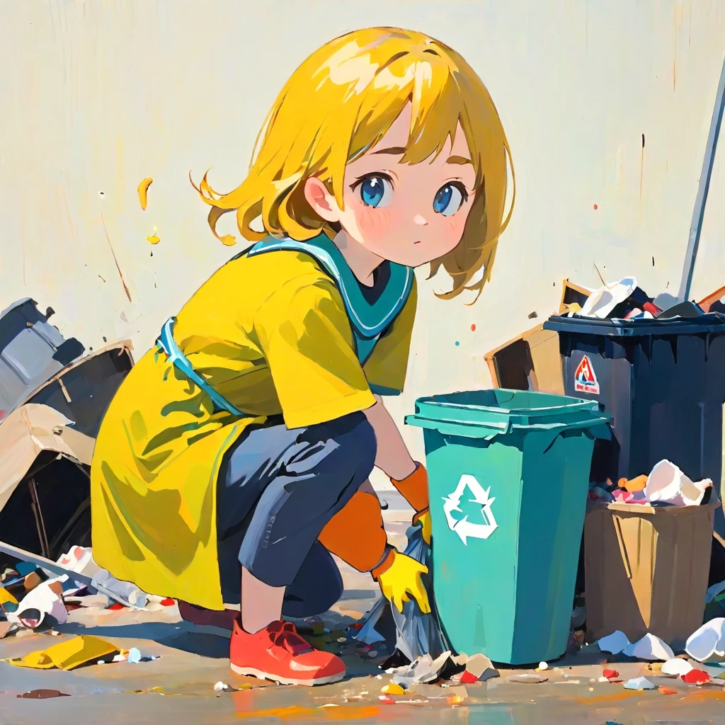 Girl cleaning up trash, Amy Earls, abstract expressionism, Looks boring, gesture, Whimsical、Deformation、