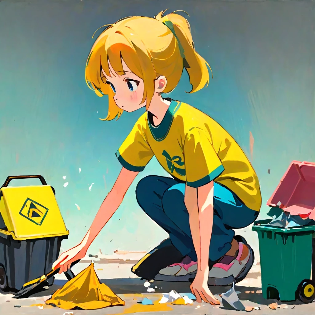 Girl cleaning up trash, Amy Earls, abstract expressionism, Looks boring, gesture, Whimsical、Deformation、