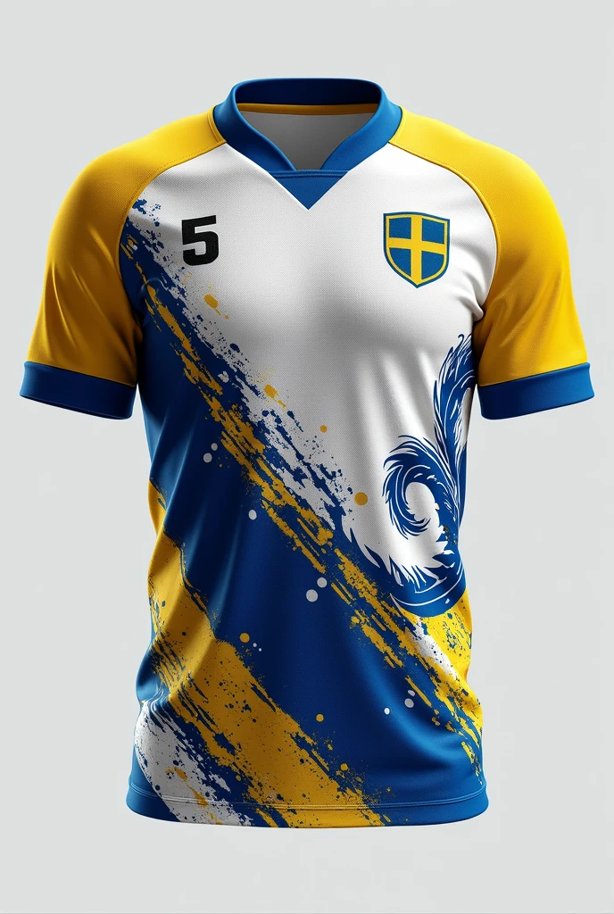  a white swedish team shirt with blue and yellow details with a viking theme