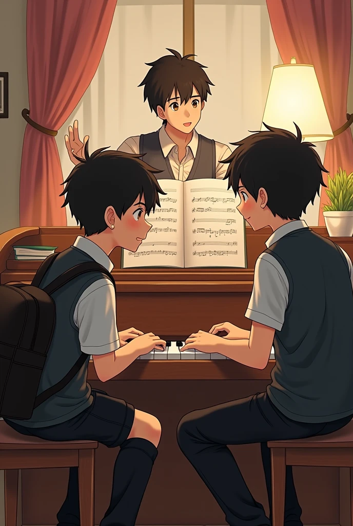 Two school boys and a young man sit together with a piano behind them.