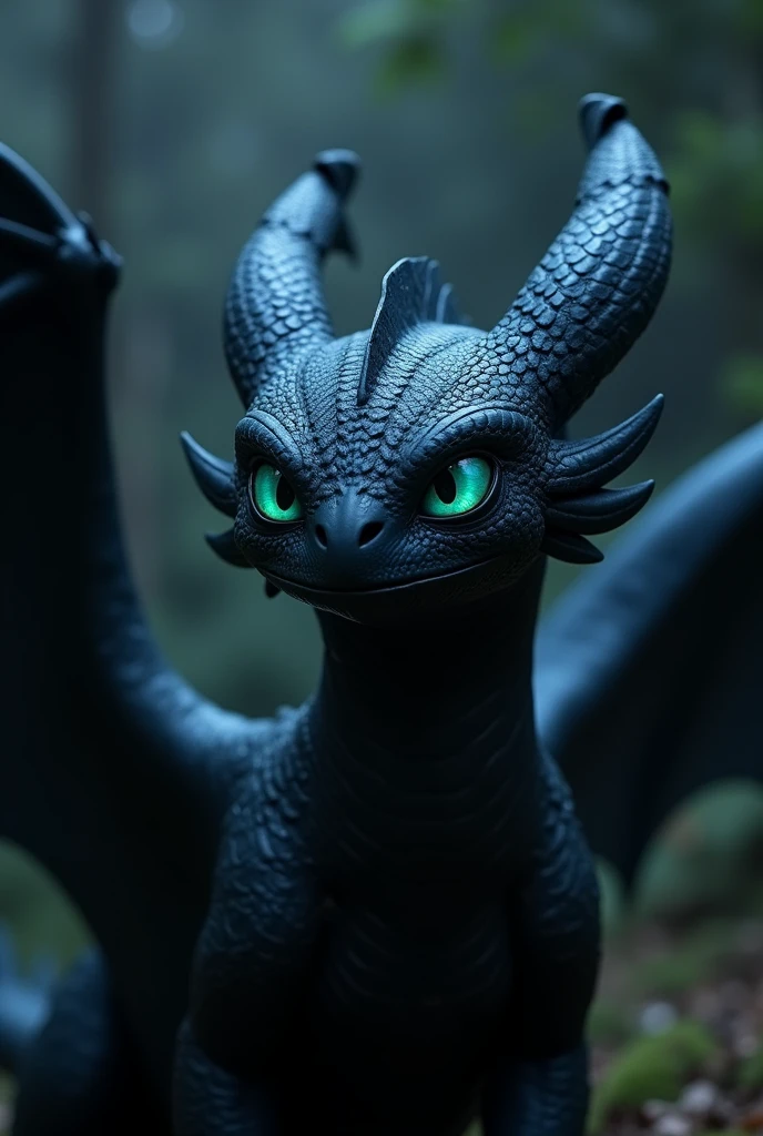 Night Fury Dragon (toothless) In 4k quality with a dark gray or black background to form a mysterious contrast between the dragon and the background, what can stand out the most are the eyes like blue or green 