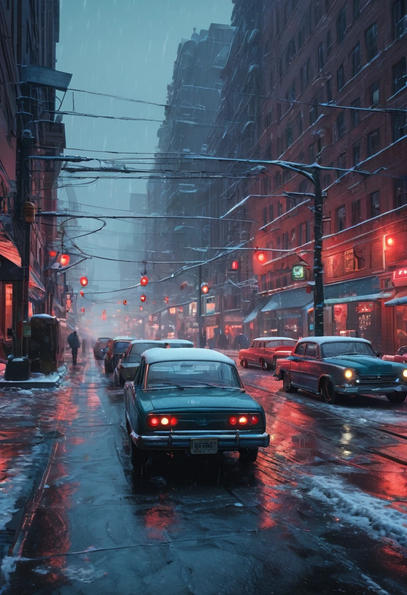 snowy night city street scene with cars and red lights, beeple daily art, beeple. hyperrealism, artem demura beeple, beeple artwork, style hybrid mix of beeple, beeple art, beeple style, beeple |, realism | beeple, beeple and tim hildebrandt