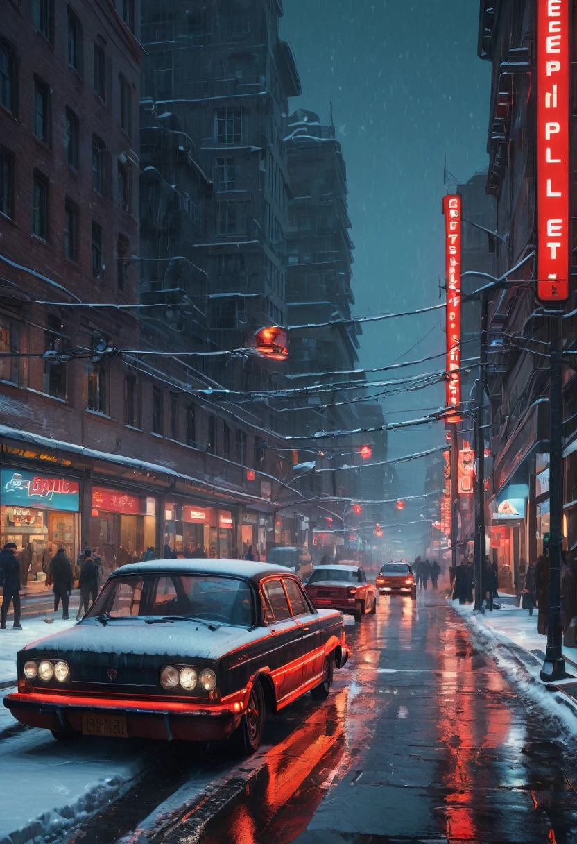 snowy night city street scene with cars and red lights, beeple daily art, beeple. hyperrealism, artem demura beeple, beeple artwork, style hybrid mix of beeple, beeple art, beeple style, beeple |, realism | beeple, beeple and tim hildebrandt