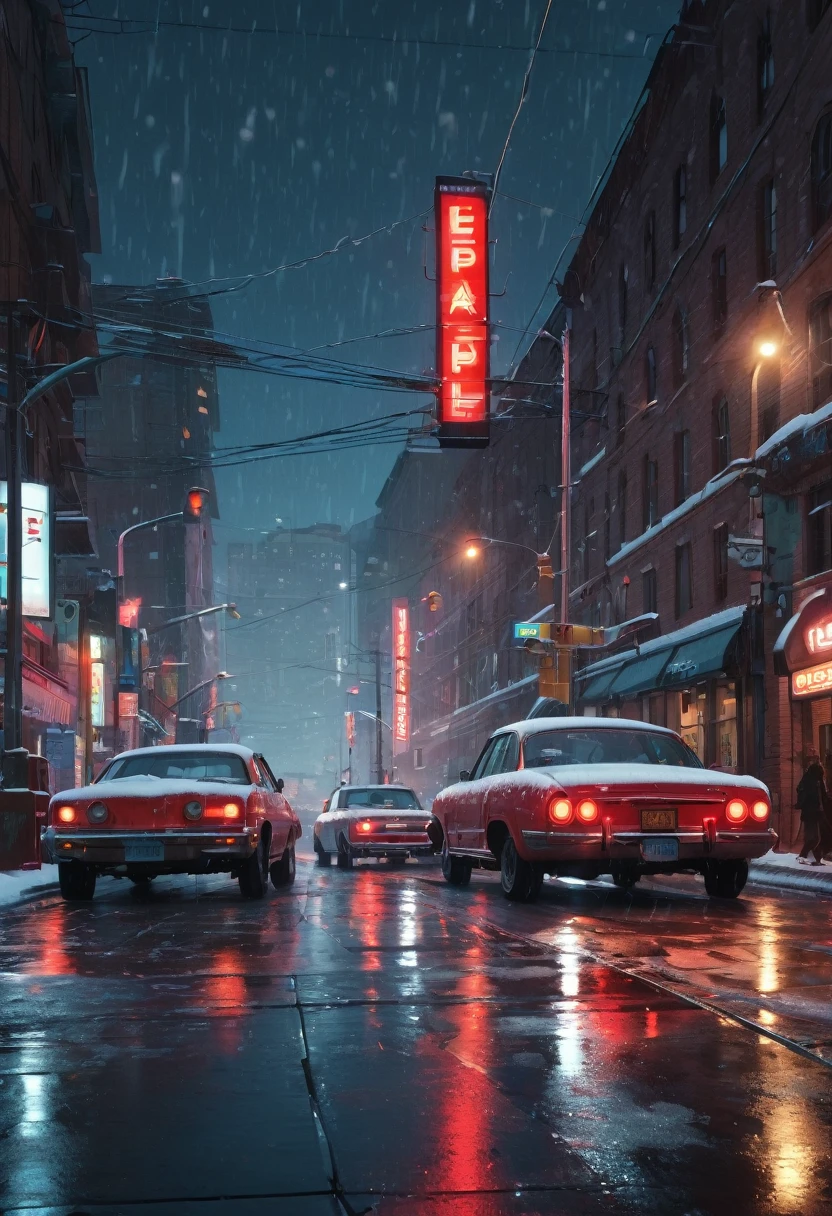 snowy night city street scene with cars and red lights, beeple daily art, beeple. hyperrealism, artem demura beeple, beeple artwork, style hybrid mix of beeple, beeple art, beeple style, beeple |, realism | beeple, beeple and tim hildebrandt