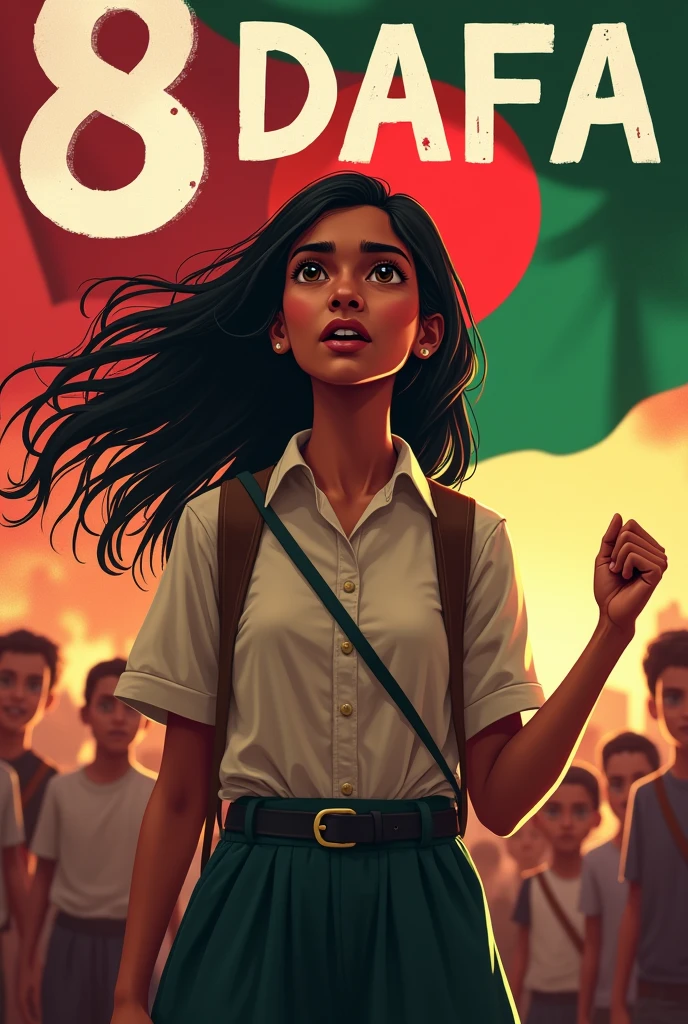 A Bangladeshi pretty  Hindu girl student agitator raises 8 point demands. Background will be red green. "8 DAFA" must written on image. 