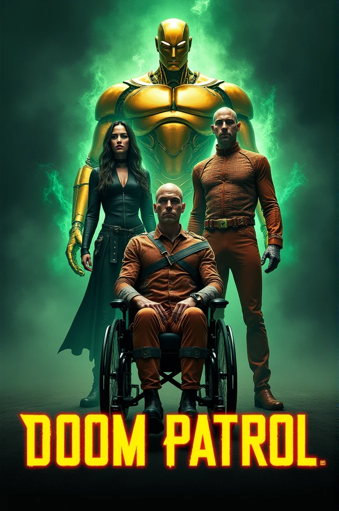 I want a movie poster I want the image to contain, a golden robot, a completely black spirit with a green aura around it behind a man with bandages and an aviator uniform and an elastic woman around a guy in a suit in a wheelchair and above it says in large letters, Doom patrol
