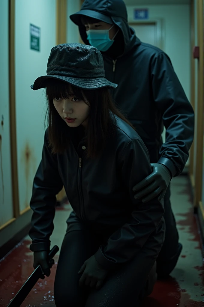 korean girl, (behind corpse, surgical mask), holding knife, stabbing, black gloves, room full of blood, black raincoat, bucket hat, holding knife, woman on top, black gloves, behind corpse, blood splatter, long bangs, in the hotel, black wet suit, night, mass murderer, killer, robbery, dark atmosphere, cinematic lighting, atmospheric realistic, close-up,