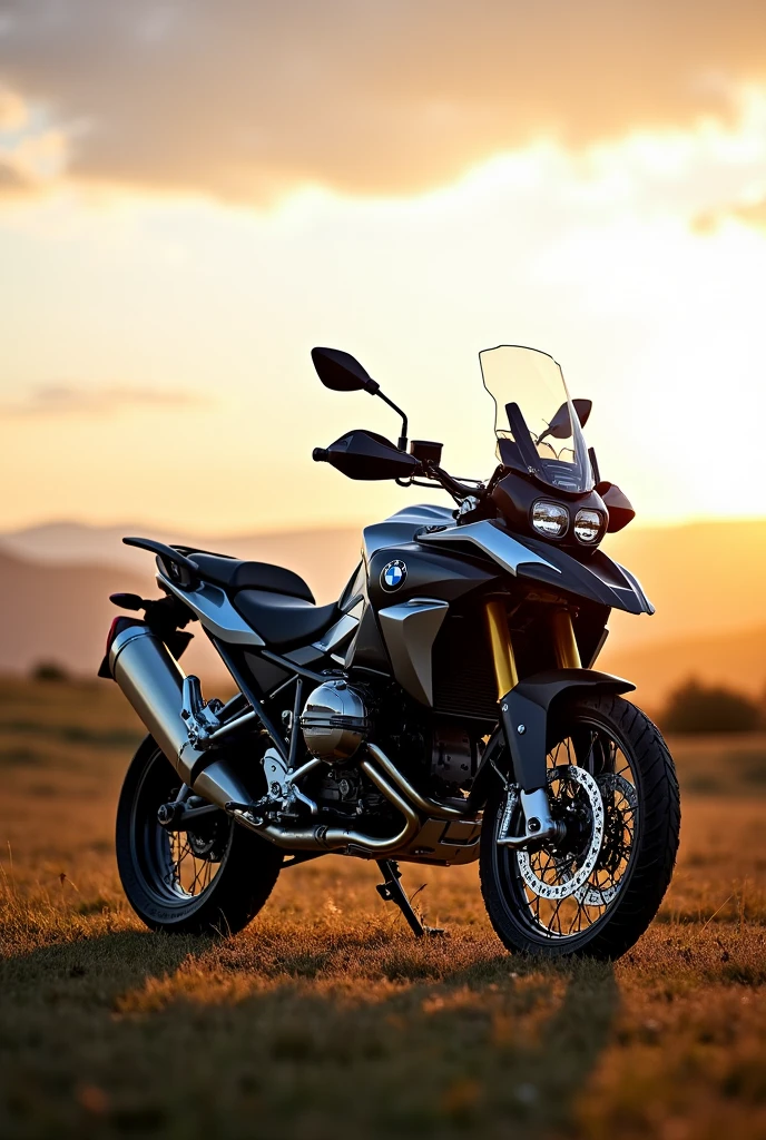 Create an image of a 2015 f800gs adv model in the late afternoon with a view of the horizon in the background
