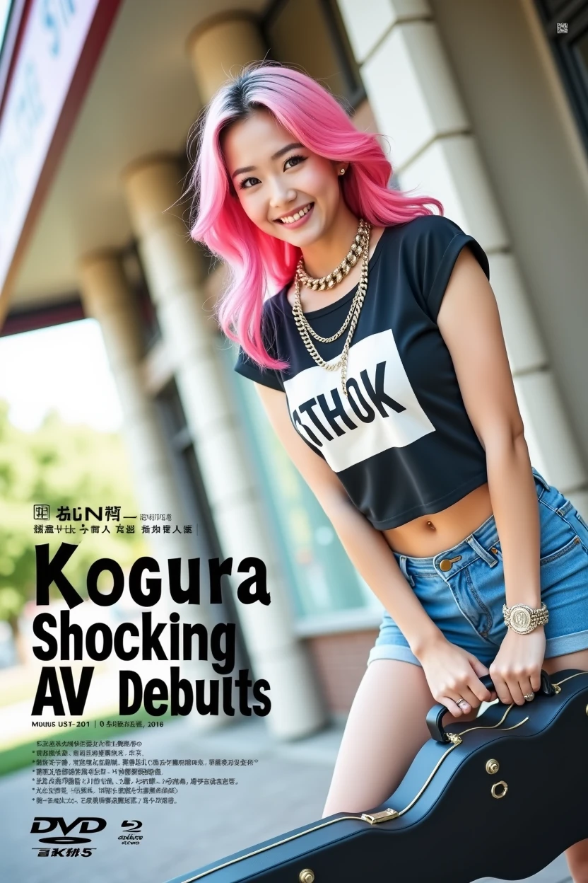 ((((Woman's ridiculously large breasts change, slender curves, big , big breasts, big , super beautiful woman, whip-smacking body)))), adult video poster layout, text on screen: "BAND GIRL Shocking AV debut!! ★ MIRU KOGURE ",(((Japanese woman with large black guitar case)))), 26 year old adult woman wearing black crew neck top with large English letters on her chest and short blue jeans posing for a photo shoot, big breasted female porn actor, dynamic pose, rock music magazine model pose,. Japanese female fashion model, (((very bright pink hair))), happy expression, thick chain accessories on neck and arms, (((in front of Asakusa strip theater))), pure beautiful smile, intelligent face, slender curves, large breasts, wearing black t-shirt, small leather jacket Wearing black T-shirt, very small leather jacket, denim shorts, (((extreme low angle))), null, Bill, holding black guitar case with guitar strap, (((DVD mark, Blu-ray mark))).