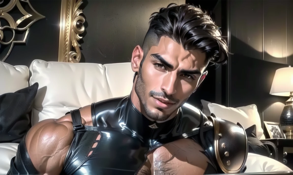 "((highly detailed, detailed eyes, detailed face, clear and realistic facial features, photorealistic, realistic light; cinematic, close-up)), (1 man), ((((living room background)))), (((gorgeous exotic sexy masculine muscular male middle-eastern gigolo))), (((rich brown middle-eastern skin tone))), ((29-year-old male)), (((seductive intense expression))), (((erotic pose))), ((smiling)), ((intense gaze)), ((long sexy dark hair)), (((dressed in tight masculine clothing))), ((seductive pose, looking down at you))."