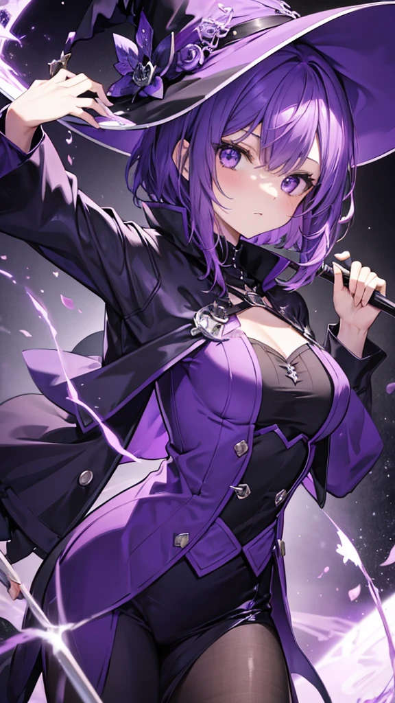 Girl with short purple hair wearing a purple witch outfit and a witch hat, doing purple magic