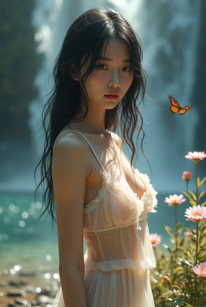 (((Full body image of a woman))),(Model shooting style), (shy), 1 girl, Lonely, Shiny black hair、 Extremely rich facial detail, Beautiful Eyes, cute, Slightly red cheeks,bright, Lonely Eyes, Stunning beauty, (Rembrandt Lighting), ARRI Lenses, Surreal, (Skin with attention to detail:1.2),4K,ARRI ALEXA LF,Promise, Dramatic Rim Light,Sparkle Effect, high quality,Very delicate and beautiful, wonderful, In detail, masterpiece, Very detailed, High resolution,Best Shot, ((Best Shadow)),Exquisite contrast,Complex,Sharp focus, high quality, 1 Japan woman, alone.cute,Fuka Koshiba,Yuki Sakurai,Magnificent waterfalls,(water droplets,rainbow),Mist-like droplets,Wet,Lens flare,No sleeve,Frills,Beautiful breasts,Swallowtail butterfly,A butterfly flutters,Cool eyes,Glossy Lips,An ennui smile,Glowing Skin,Transparent skin,From above,((Open your arms)),Waistline,Beautiful nipples,((No shirt, Very good, Naked underneath, Bare chest, Barely covering her nipples)),((Wet, Her clothes are transparent, Her body and skin sweat)),((View from the rear, From above見た図, Bare back)),Bloom, Flowers are blooming everywhere,Front blur,ARRI 35mm Lens flare,Sparkling Eyes,Vivid Rouge