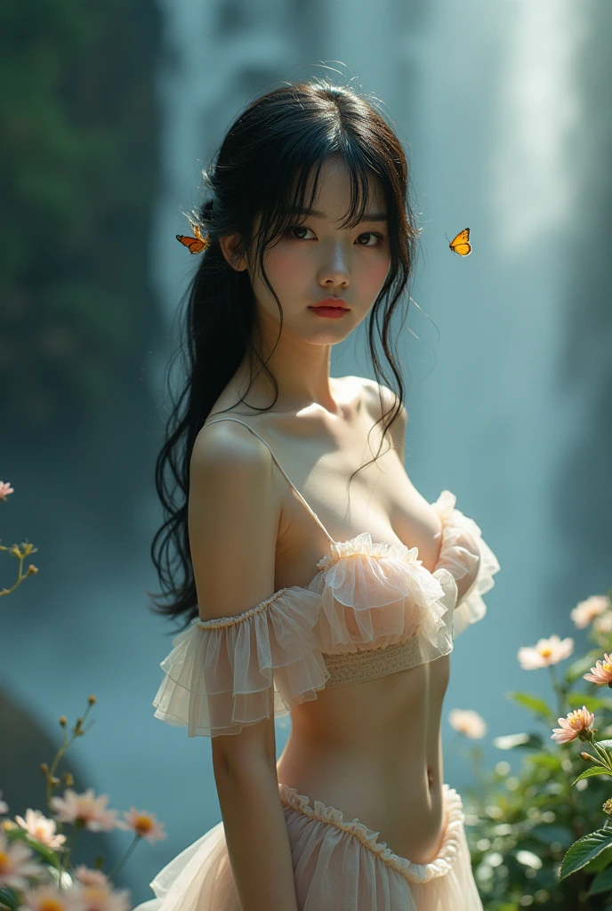 (((Full body image of a woman))),(Model shooting style), (shy), 1 girl, Lonely, Shiny black hair、 Extremely rich facial detail, Beautiful Eyes, cute, Slightly red cheeks,bright, Lonely Eyes, Stunning beauty, (Rembrandt Lighting), ARRI Lenses, Surreal, (Skin with attention to detail:1.2),4K,ARRI ALEXA LF,Promise, Dramatic Rim Light,Sparkle Effect, high quality,Very delicate and beautiful, wonderful, In detail, masterpiece, Very detailed, High resolution,Best Shot, ((Best Shadow)),Exquisite contrast,Complex,Sharp focus, high quality, 1 Japan woman, alone.cute,Fuka Koshiba,Yuki Sakurai,Magnificent waterfalls,(water droplets,rainbow),Mist-like droplets,Wet,Lens flare,No sleeve,Frills,Beautiful breasts,Swallowtail butterfly,A butterfly flutters,Cool eyes,Glossy Lips,An ennui smile,Glowing Skin,Transparent skin,From above,((Open your arms)),Waistline,Beautiful nipples,((No shirt, Very good, Naked underneath, Bare chest, Barely covering her nipples)),((Wet, Her clothes are transparent, Her body and skin sweat)),((View from the rear, From above見た図, Bare back)),Bloom, Flowers are blooming everywhere,Front blur,ARRI 35mm Lens flare,Sparkling Eyes,Vivid Rouge