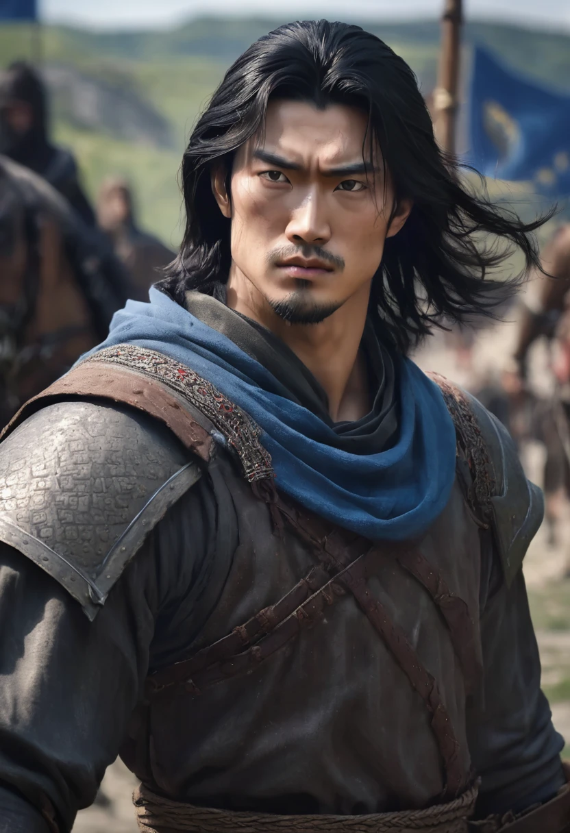 1 man, background is a medieval training camp, muscular male body, wearing a medieval training outfit, eyelidless eyes, detailed facial features, male blue eyes, scar on one side of the face, Korean slanted eyes, detailed fair skin, long black hair, dramatic lighting, cinematic composition, dark gloomy palette, dark colors, atmospheric haze, thin chin, serious face, strong and handsome man, adult man, ultra realistic, 25 years old (best quality, 4K, 8K, Hi-Res, Art: 1.2), ultra detailed (realistic, photorealistic, photorealistic: 1.37)
