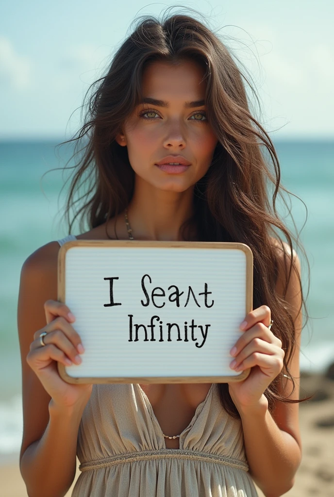 Beautiful girl with wavy long hair, bohemian dress, holding a white board with text "I Love Seaart Infinity" and showing it to the viewer