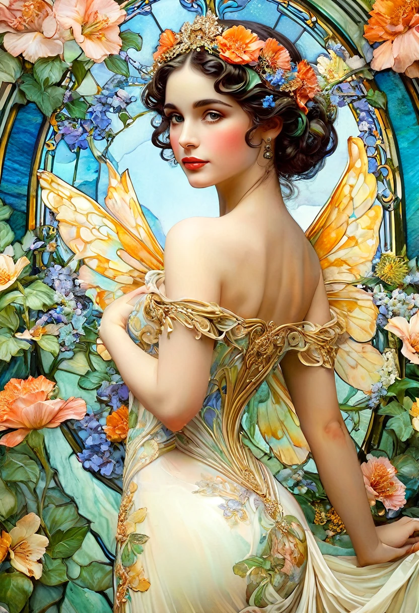Depicts a beautiful woman with flowers in her hair, (Elizabeth Taylor: 1.4), Highly detailed watercolor painting, The style of Alfons Maria Mucha and Gustav Kirmut, details (((Art Nouveau))), Fairy Princess, Anthropomorphic woman, Female figure , Detailed cover art, Like the Goddess of Flowers, Alphonse Mucha, Gustav Klimt, Pale skin, Marble sculpture, society, Gothic art, Art Nouveau, colorful stained glass background. Behance contest winner.