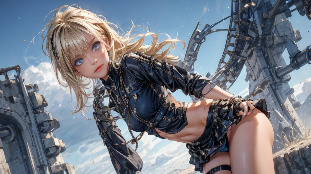 punk girl - sexy - blonde - blue eyes - blonde hair with Indian bangs - perfect body on display - short flared skirt - low angle camera - tiny black panties - 4K - COLOR PHOTO - SUPER REALISTIC - PANTIES UNDER THE SKIRT