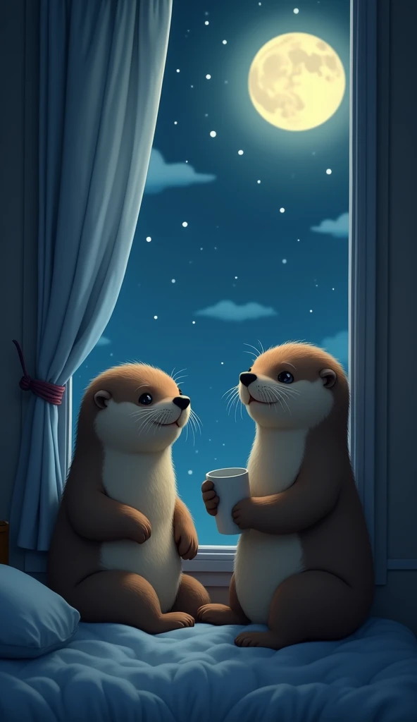 (Highest quality,expensive:1.2),Realistic,Stick Figures,Anime Big Tits,Cute sea otter,(night,Moonlight was streaming in through the little otter&#39;s bedroom window.,It lit up a corner of the room.)