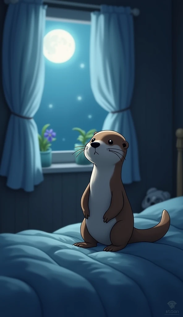 (Highest quality,expensive:1.2),Realistic,Stick Figures,Anime Big Tits,Cute sea otter,(night,Moonlight was streaming in through the little otter's bedroom window.,It lit up a corner of the room.)