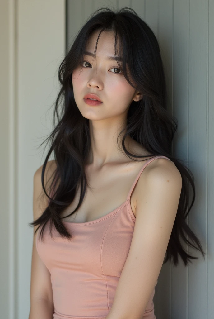 1 girl, Skinny Japanese lady, 30 years old, beautiful lips, detailed face, white tank-top, cowboy shot,