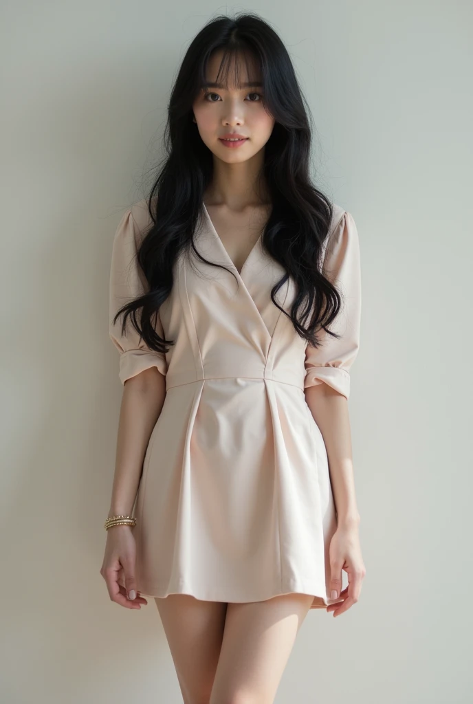 Real Korean girl wearing a short dress and her hair is black and long 