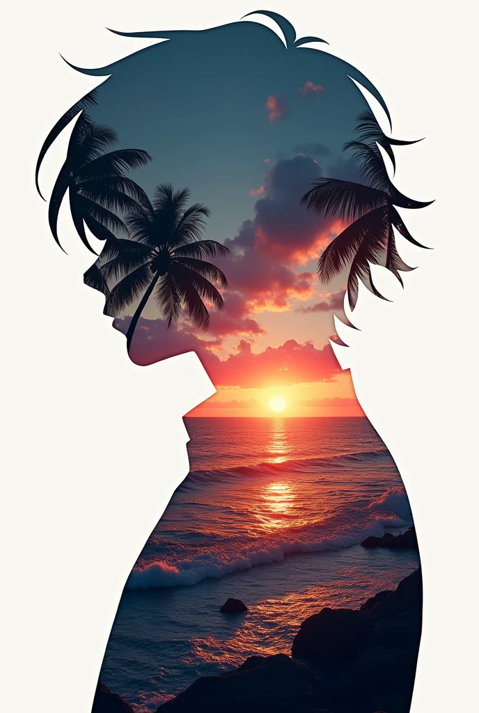 high quality, 8K Ultra HD, beautiful double exposure, in which the silhouette of Horimiya from the anime Horimiya is combined with the sunset coast, the sunset coast should serve as the main background, the details of which are combined into horimiya, clear lines, monochrome background, clear focus, double exposure, from Yukisakura, stunning full-color
