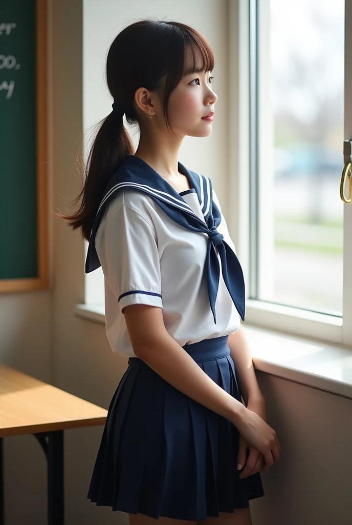 A very beautiful girl wearing a navy blue sailor uniform standing by the window in the classroom