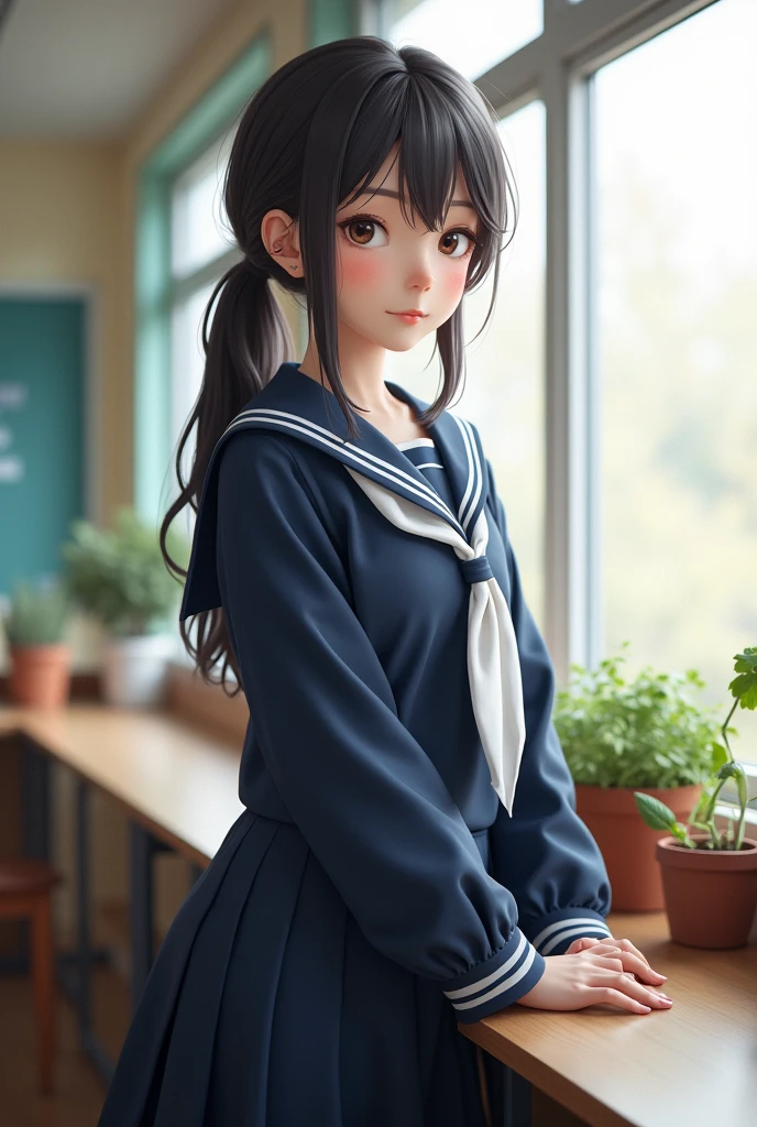 A very beautiful girl wearing a navy blue sailor uniform standing by the window in the classroom