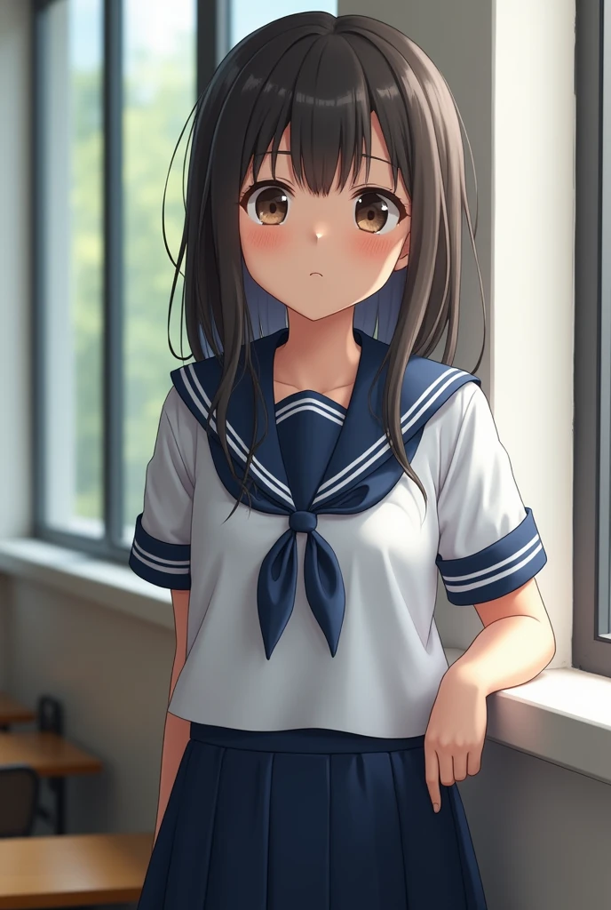 A very beautiful girl wearing a navy blue sailor uniform standing by the window in the classroom