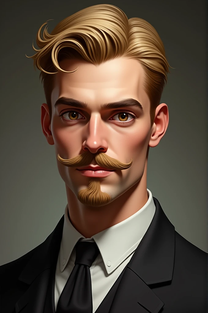 A blond man with short hair, eyes browns, a mustache curled at the end and a small goatee