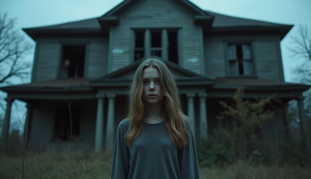 A young woman standing in front of an old, dilapidated house at dusk, with broken windows, overgrown weeds, and a generally eerie atmosphere.