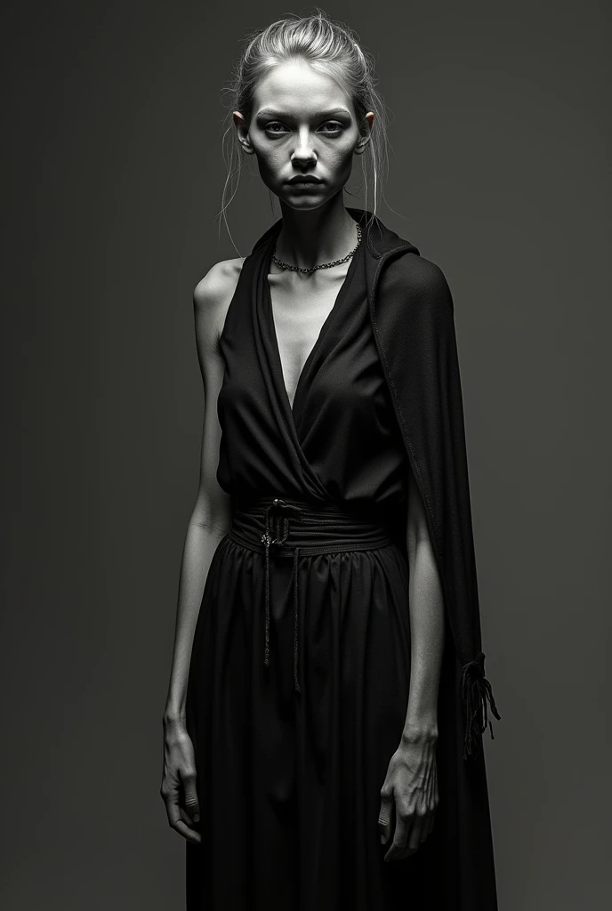 Imagine a very thin girl full body in black and white with clothes of tirants more realistic more close with more facials details more realistic more thin more skinny