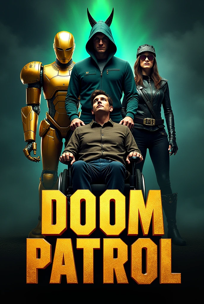 I want a movie poster I want the image to contain, a golden robot, a completely black spirit with a green aura around it behind a man with bandages and an aviator uniform and an elastic woman around a guy in a suit in a wheelchair and above it says in large letters, Doom patrol