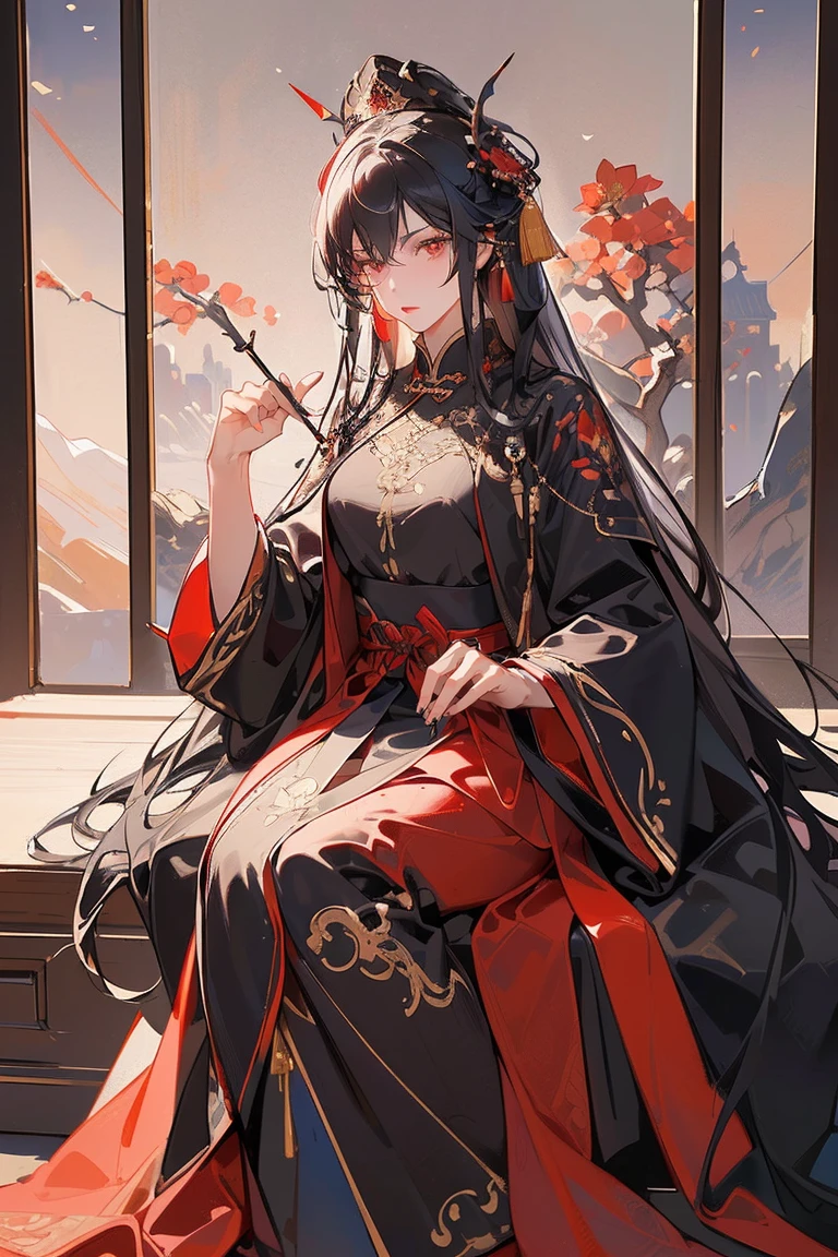 (extremely detailed 8K wallpaper),(ultra-detailed),(best quality),(masterpiece),(highly detailed),(cinematic lighting),(Original),Cold ligh,moody,(Chinese elaborate-style painting ),32K depth of field,1girl,(Queen),((image of female emperor)),((Immortal)),(long black hair),((Majestic expression)),((red clothes))