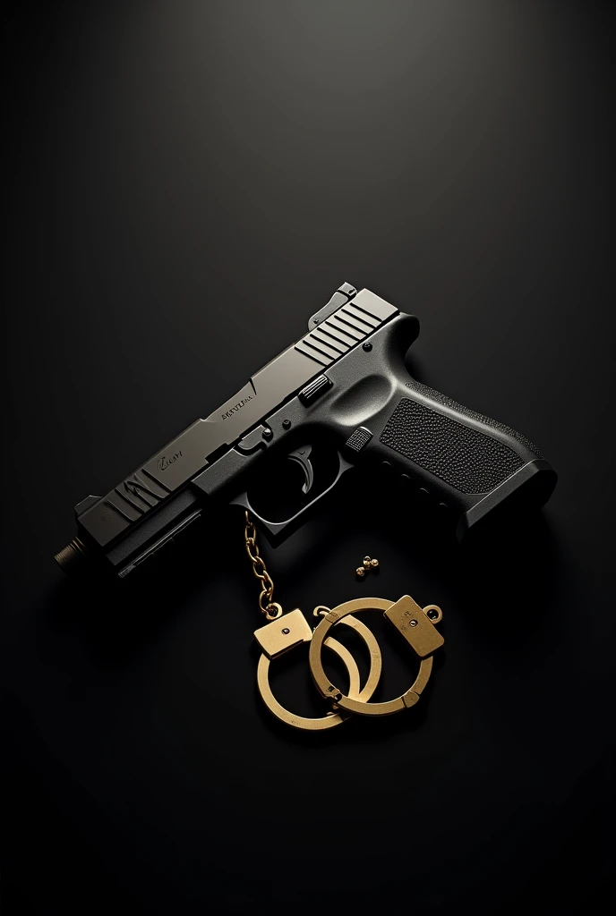 En un fondo negro difuminado in a gradient with slight gray gradient, while around the edges of the image Add subtle details like a golden flash or fine lines to accentuate luxury and danger. Shows a gun with handcuffs around it.