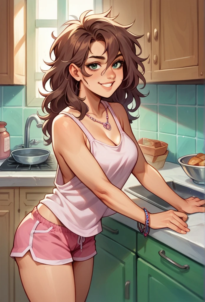 2 gorgeous 25 years old girls, wearing very small pink pajama shorts and pajama tank top, leaning against a kitchen counter, blond messy hair, necklaces, bracelets, looking straight at viewer,nsfw sultry look, seductive, seductive smile, inviting expression, suggestive