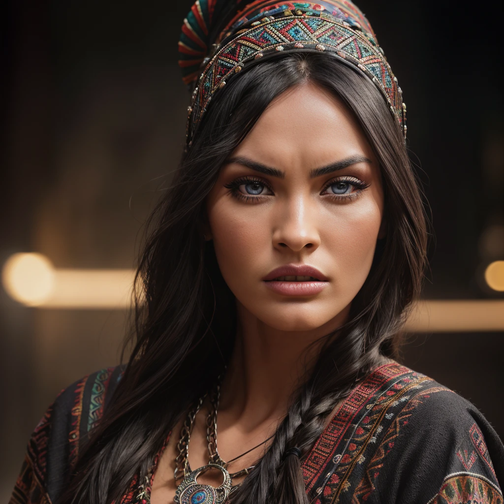 beautiful detailed eyes, beautiful detailed lips, extremely detailed eyes and face, long eyelashes, 1girl, woman, powerfull and beautiful aztec witch, aztec witch, high Photorealistic megan fox, hyper realistic, 8k, masterpiece, ultra-detailed, photorealistic, professional, studio lighting, intricate details, vivid colors, dramatic lighting, volumetric lighting, cinematic, in defense pose, angry expression, aztec mythology, dramatic shadows, dramatic highlights, depth of field, middle body